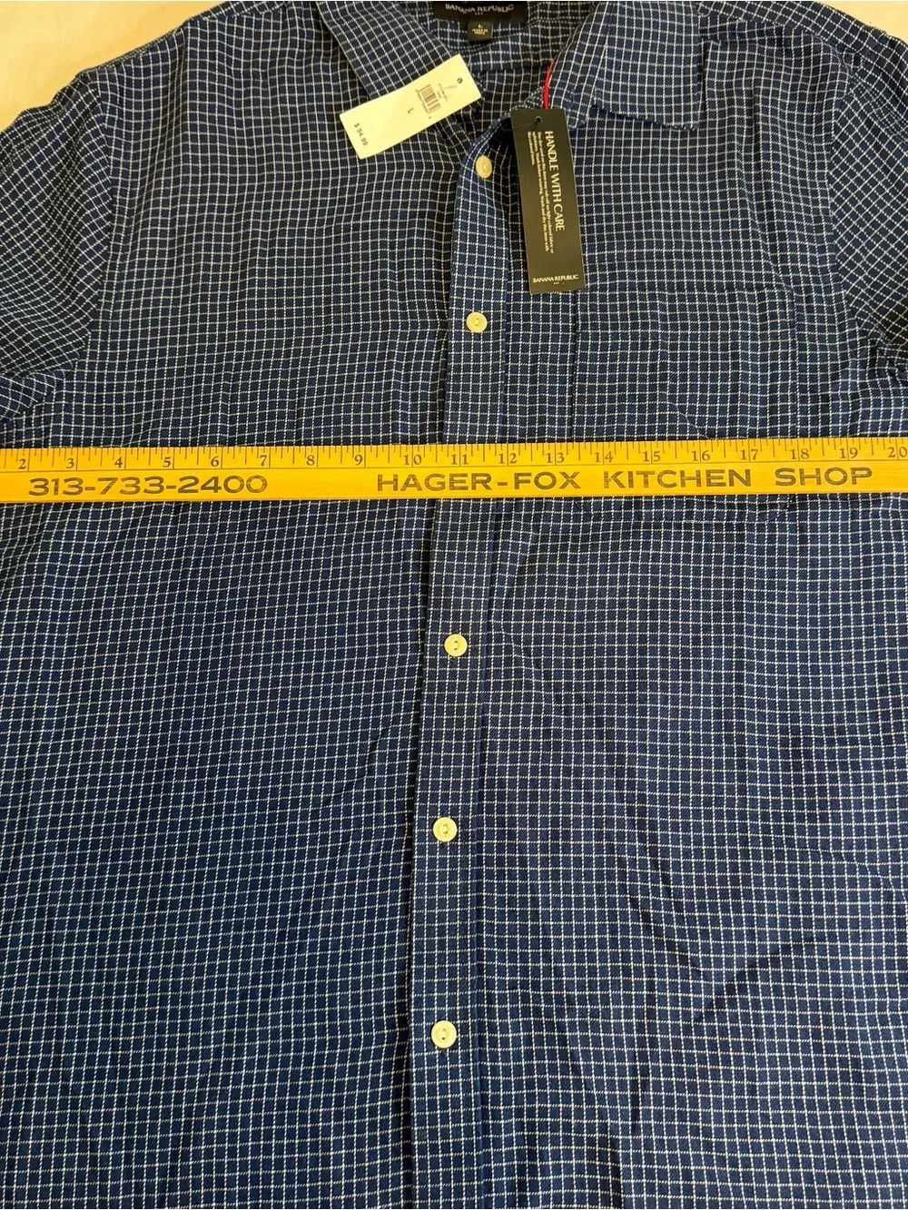 Banana Republic Navy Blue Check Short Sleeve Button-Down Slim Shirt Size L